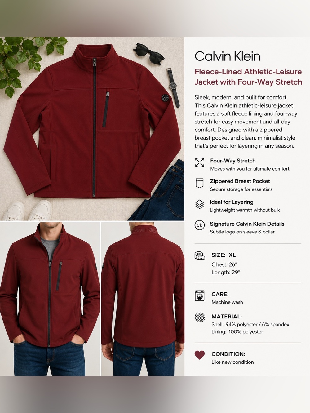 Calvin Klein Fleece Lined Softshell Jacket XL Burgundy Stretch Athleisure Zip Up
